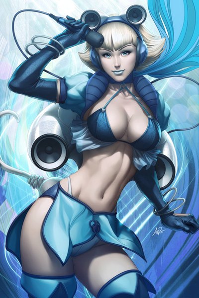 Anime picture 1024x1536 with original artgerm (stanley lau) single tall image short hair breasts blue eyes light erotic simple background signed white hair light smile lips realistic midriff light girl gloves navel underwear