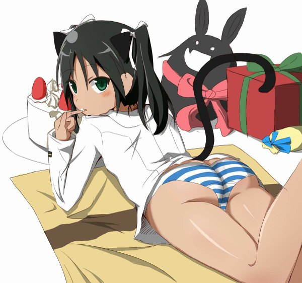 Anime picture 1200x1125 with strike witches francesca lucchini aiueo (artist) blush highres short hair open mouth light erotic black hair green eyes animal ears looking back cat ears cat tail girl underwear panties shirt sweets gift