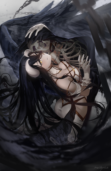 Anime picture 1650x2550 with overlord (maruyama) madhouse albedo (overlord) meltyrice single long hair tall image looking at viewer fringe breasts light erotic black hair smile hair between eyes large breasts standing signed yellow eyes cleavage horn (horns)