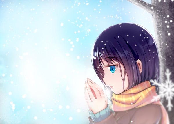 Anime picture 1187x844 with original yan (nicknikg) single short hair open mouth blue eyes black hair upper body profile snowing winter exhalation cold girl plant (plants) tree (trees) scarf snowflake (snowflakes) striped scarf