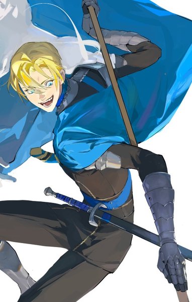 Anime picture 532x835 with fire emblem fire emblem: three houses nintendo dimitri alexandre blaiddyd zn (artist) single tall image fringe short hair open mouth blue eyes simple background blonde hair smile hair between eyes white background looking away teeth sheathed crazy smile