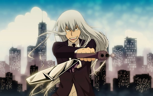 Anime picture 1680x1050 with katekyou hitman reborn superbi squalo long hair open mouth wide image sky cloud (clouds) white hair very long hair city cityscape laughing boy gloves sword necktie suit pistol