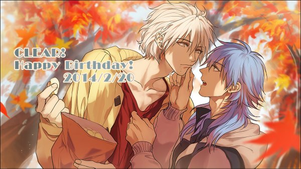 Anime picture 1200x675 with dramatical murder nitro+chiral aoba (dmmd) clear (dmmd) tekla long hair short hair wide image yellow eyes blue hair white hair profile multiple boys couple happy birthday shounen ai boy plant (plants) tree (trees) leaf (leaves)