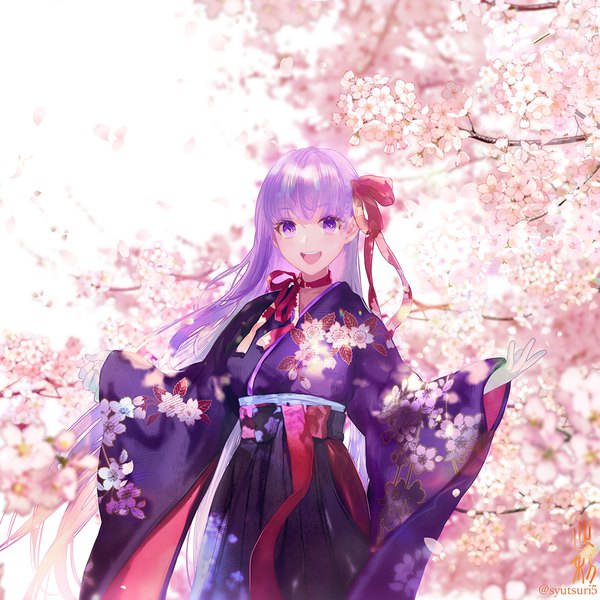 Anime picture 1000x1000 with fate (series) fate/grand order bb (fate) (all) bb (fate/extra) shutsuri single looking at viewer fringe open mouth purple eyes signed purple hair upper body outdoors very long hair traditional clothes :d japanese clothes twitter username cherry blossoms