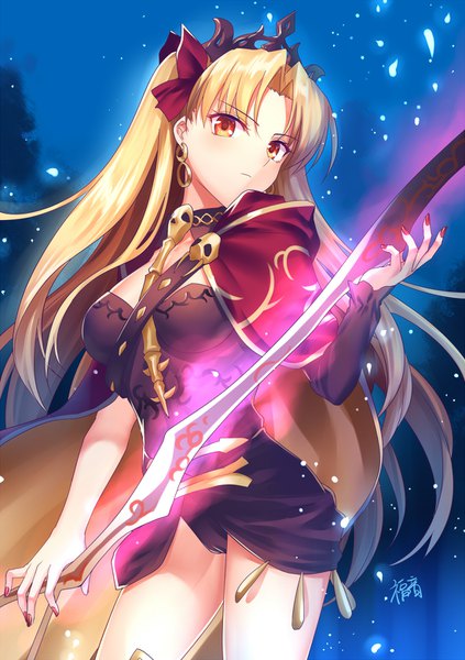Anime picture 1100x1560 with fate (series) fate/grand order ereshkigal (fate) gogatsu fukuin single long hair tall image looking at viewer breasts light erotic blonde hair holding signed cleavage outdoors nail polish head tilt fingernails night orange eyes