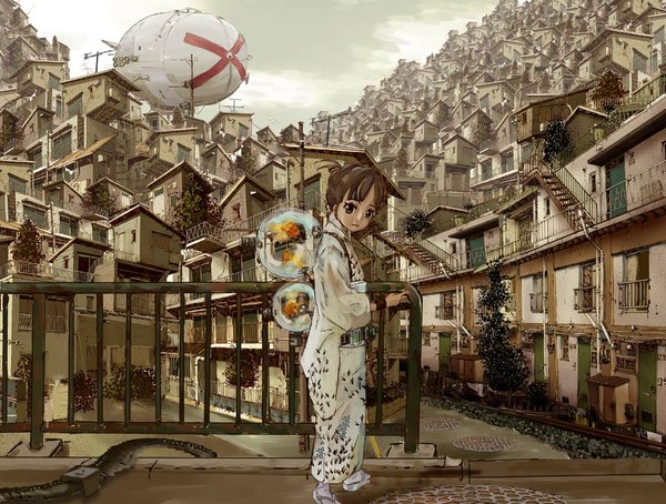 Anime picture 1100x834 with original kato fumitaka single looking at viewer brown hair standing brown eyes sky traditional clothes japanese clothes glowing cityscape pointing girl plant (plants) tree (trees) socks belt kimono white socks