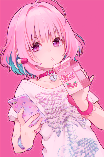 Anime picture 1008x1518 with idolmaster idolmaster cinderella girls yumemi riamu uso (ameuzaki) single tall image looking at viewer fringe short hair simple background hair between eyes standing holding pink hair ahoge pink eyes multicolored hair two-tone hair dutch angle pink background