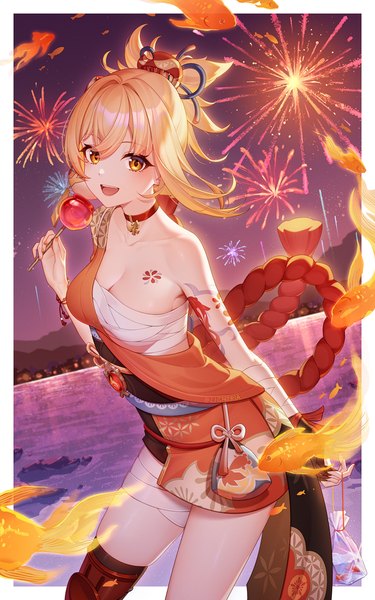Anime picture 1214x1940 with genshin impact yoimiya (genshin impact) lightria single tall image looking at viewer short hair breasts open mouth light erotic blonde hair large breasts yellow eyes cleavage ponytail :d tattoo border outside border fireworks