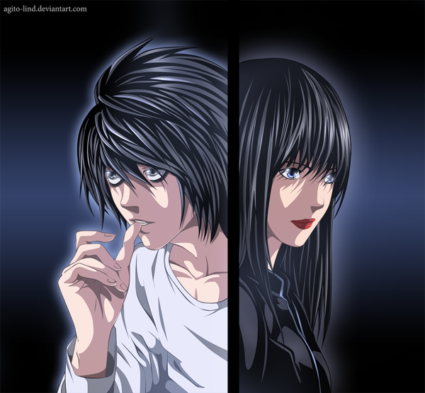 Anime picture 1024x948 with death note madhouse l (death note) misora naomi aagito long hair short hair blue eyes black hair smile lips grey eyes lipstick coloring finger to mouth black background dark background multiview girl boy