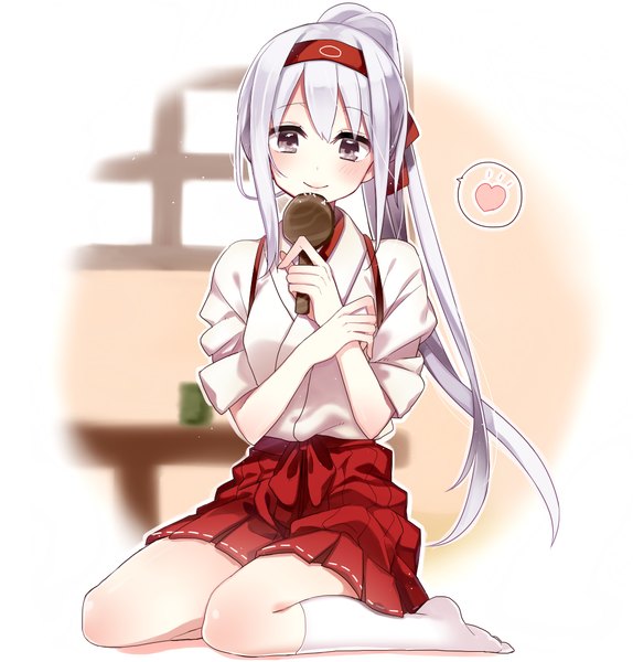 Anime picture 1000x1045 with kantai collection shoukaku aircraft carrier yuyupo single long hair tall image looking at viewer blush fringe smile sitting purple eyes purple hair ponytail traditional clothes pleated skirt barefoot legs girl skirt