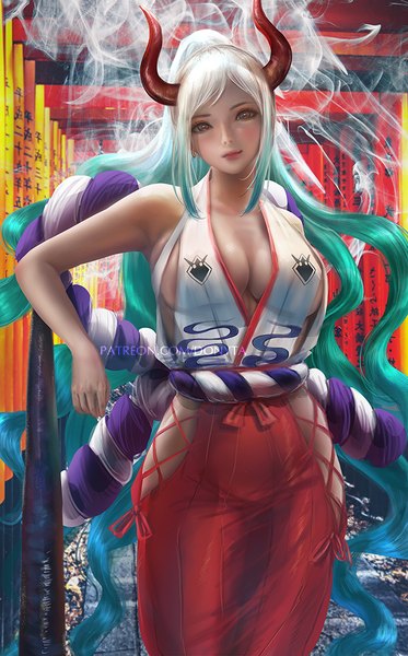 Anime picture 621x1000 with one piece toei animation yamato (one piece) donyta single tall image looking at viewer blush fringe breasts light erotic large breasts standing bare shoulders brown eyes signed payot cleavage silver hair ponytail