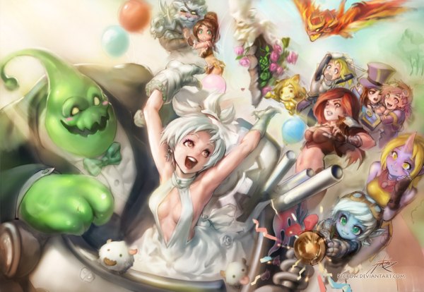 Anime picture 2700x1865 with league of legends ahri (league of legends) katarina (league of legends) riven (league of legends) lux (league of legends) caitlyn (league of legends) vi (league of legends) nidalee (league of legends) soraka (league of legends) poro (league of legends) shyvana (league of legends) tristana (league of legends) rengar (league of legends) zac (league of legends) phantom (ptcrow) long hair blush highres short hair blue eyes