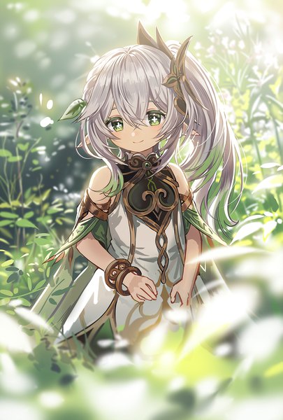 Anime picture 1200x1778 with genshin impact nahida (genshin impact) silence girl single long hair tall image looking at viewer fringe smile hair between eyes green eyes silver hair pointy ears side ponytail symbol-shaped pupils girl plant (plants) bracelet