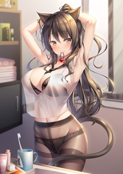 Anime picture 1386x1960 with arknights skyfire (arknights) meion single long hair tall image looking at viewer blush fringe breasts light erotic black hair smile large breasts standing holding animal ears yellow eyes cleavage indoors