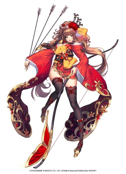 Anime picture 873x1200 with chaos online love cacao single tall image looking at viewer fringe light erotic simple background smile brown hair white background very long hair orange eyes girl thighhighs weapon black thighhighs clothes bow (weapon) arrow (arrows)