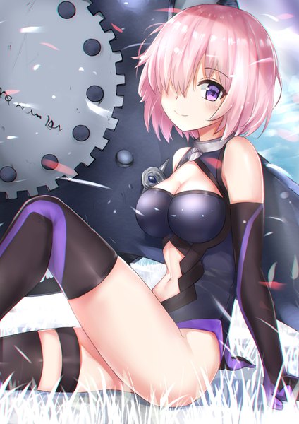 Anime picture 2480x3507 with fate (series) fate/grand order mash kyrielight koi0806 single tall image looking at viewer blush fringe highres short hair breasts light erotic smile sitting purple eyes pink hair sky cleavage cloud (clouds)