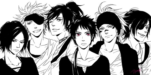 Anime picture 1653x826 with sengoku basara production i.g date masamune sanada yukimura motochika chousokabe motonari mouri sarutobi sasuke maeda keiji temari114 long hair short hair smile red eyes wide image one eye closed wink teeth monochrome group sharp teeth