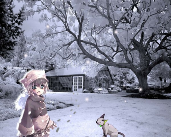 Anime picture 1280x1024 with single looking at viewer blush fringe open mouth blue eyes hair between eyes winter snow footprints photo background girl plant (plants) animal tree (trees) building (buildings) cat house winter clothes