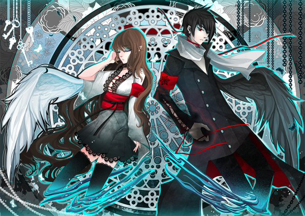 Anime picture 1347x954 with jinkimania (artist) long hair short hair black hair red eyes brown hair eyes closed pointy ears black wings white wings girl thighhighs dress boy ribbon (ribbons) black thighhighs wings scarf leaf (leaves) insect