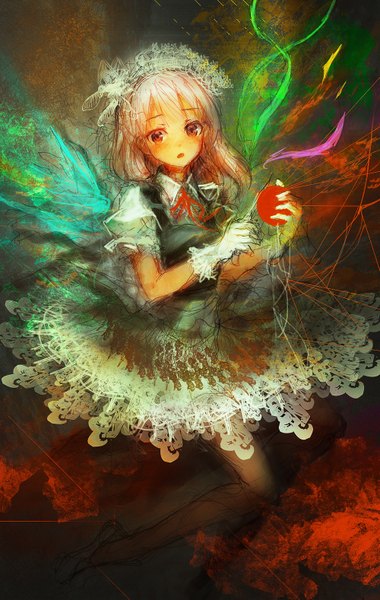 Anime picture 1000x1577 with original lm7 (op-center) single tall image short hair open mouth red eyes pink hair girl dress gloves headdress apple
