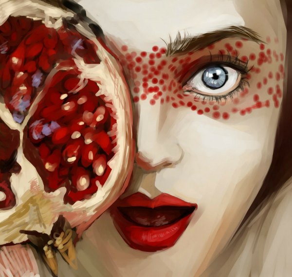 Anime picture 1111x1055 with original sparkyyy (artist) single looking at viewer open mouth blue eyes lips close-up face pale skin girl fruit pomegranate