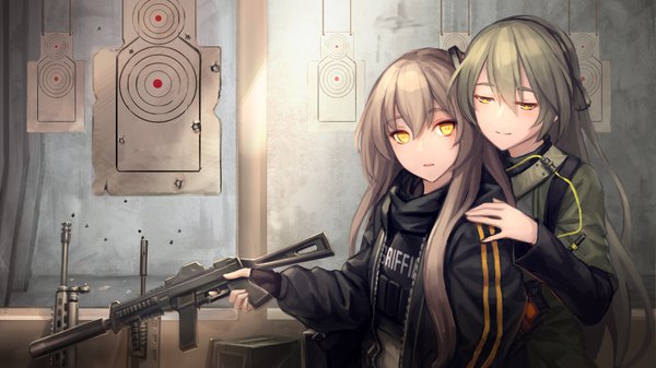 Anime picture 1920x1080 with girls frontline ump45 (girls frontline) ump40 (girls frontline) npt (akzkfhsk0503) long hair blush fringe highres open mouth smile hair between eyes brown hair wide image standing multiple girls holding yellow eyes payot looking away upper body