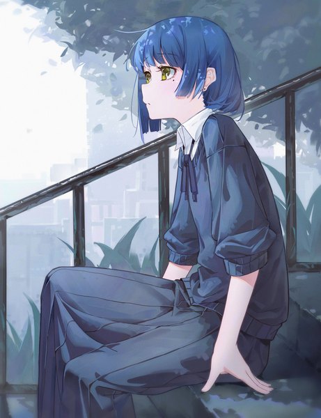 Anime picture 4724x6142 with bocchi the rock! cloverworks yamada ryou muina single tall image highres short hair sitting yellow eyes blue hair looking away absurdres outdoors mole mole under eye girl stairs railing