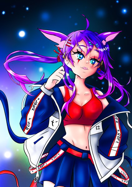 Anime picture 4961x7016 with original rainbow d fox single long hair tall image looking at viewer fringe highres blue eyes standing twintails animal ears absurdres purple hair ahoge open jacket bare belly lipstick low twintails gradient hair