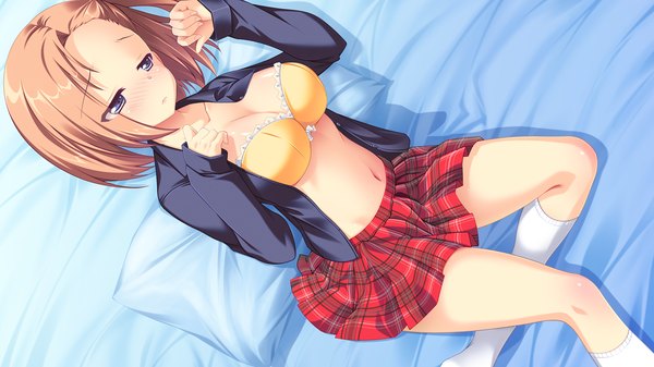 Anime picture 1280x720 with melty moment sakurai yua (melty moment) single blush short hair breasts blue eyes light erotic brown hair wide image game cg lying open clothes open shirt girl skirt navel uniform school uniform shirt