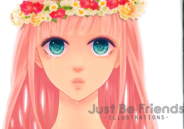 Anime picture 3468x2448 with vocaloid just be friends (vocaloid) single long hair highres simple background white background pink hair absurdres aqua eyes lips tears portrait face girl wreath