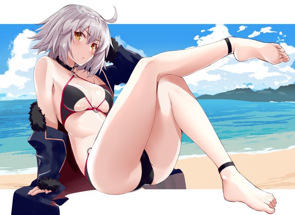 Anime picture 1200x875 with fate (series) fate/grand order jeanne d'arc (fate) (all) jeanne d'arc alter (fate) jeanne d'arc alter (swimsuit berserker) (fate) shunichi single looking at viewer blush fringe short hair breasts light erotic hair between eyes yellow eyes sky cleavage silver hair cloud (clouds) full body