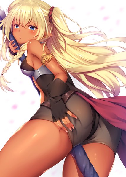 Anime picture 850x1200 with isekai maou to shoukan shoujo no dorei majutsu edelgard momo no kanzume single long hair tall image blush fringe breasts blue eyes light erotic blonde hair simple background hair between eyes standing white background holding ass braid (braids) looking back