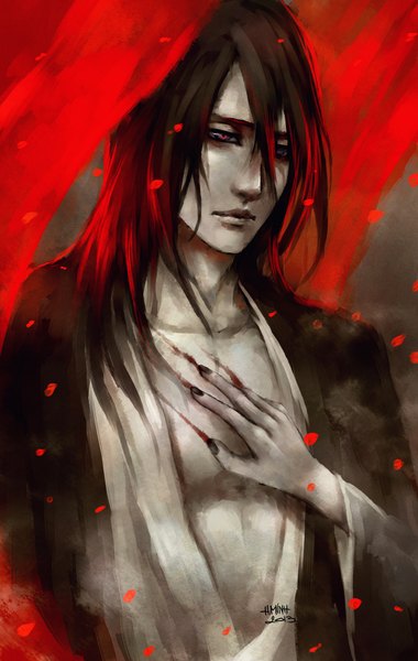 Anime picture 1500x2364 with bleach studio pierrot kuchiki rukia kuchiki byakuya nanfe long hair tall image black hair purple eyes signed nail polish japanese clothes open clothes black nail polish boy petals kimono blood hand