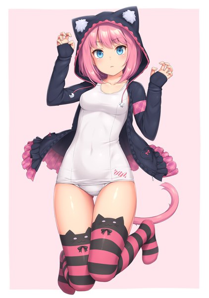 Anime picture 880x1250 with original sasaame single tall image looking at viewer blush fringe short hair breasts open mouth blue eyes light erotic simple background smile animal ears payot pink hair full body tail animal tail
