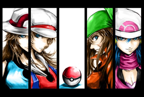 Anime picture 1396x940 with pokemon pokemon heartgold and soulsilver pokemon rse nintendo dawn (pokemon) may (pokemon) lyra (pokemon) blue (pokemon) long hair looking at viewer short hair blue eyes smile brown hair white background multiple girls blue hair profile multiview column lineup