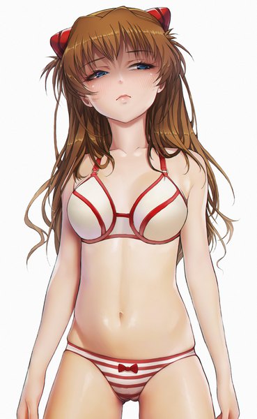 Anime picture 1183x1920 with neon genesis evangelion gainax soryu asuka langley k19 single long hair tall image blush fringe breasts blue eyes light erotic simple background brown hair standing looking away blunt bangs head tilt underwear only girl
