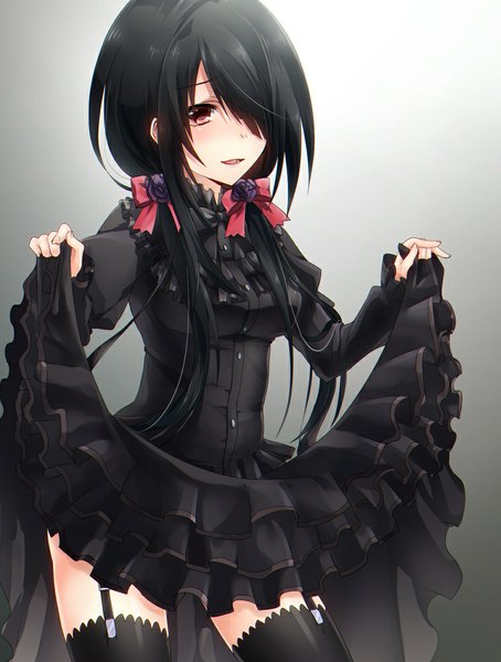 Anime picture 757x1000 with date a live tokisaki kurumi keita (tundereyuina) single long hair tall image blush fringe breasts open mouth light erotic black hair red eyes standing twintails hair over one eye zettai ryouiki low twintails girl thighhighs