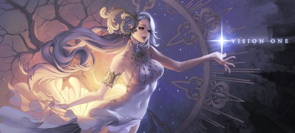 Anime picture 1920x868 with original love cacao single long hair highres red eyes wide image bare shoulders looking away silver hair white hair very long hair night night sky sleeveless spread arms girl dress hair ornament plant (plants)