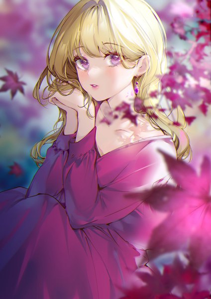 Anime picture 930x1315 with original kinokohime single long hair tall image looking at viewer blush fringe blonde hair sitting outdoors blunt bangs long sleeves parted lips pink eyes blurry anaglyph hands clasped girl dress