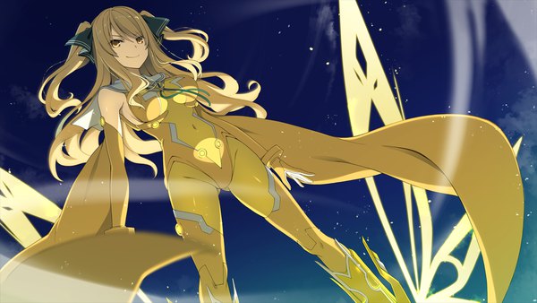 Anime picture 2560x1440 with ao no kanata no four rhythm sprite (company) satouin reiko akinashi yuu single long hair looking at viewer fringe highres breasts light erotic blonde hair smile hair between eyes wide image standing yellow eyes game cg cloud (clouds) outdoors