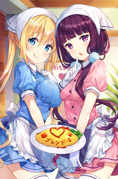 Anime picture 653x992 with blend s a-1 pictures sakuranomiya maika hinata kaho hitsukuya long hair tall image looking at viewer blush fringe breasts blue eyes blonde hair hair between eyes standing purple eyes twintails multiple girls purple hair indoors