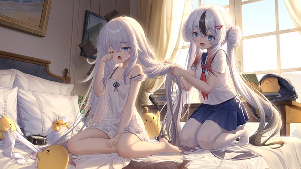 Anime picture 2400x1350 with azur lane manjuu (azur lane) le malin (azur lane) le malin (sleepy sunday) (azur lane) l'indomptable (azur lane) haneru fringe highres open mouth blue eyes smile hair between eyes wide image twintails multiple girls payot silver hair full body very long hair pleated skirt