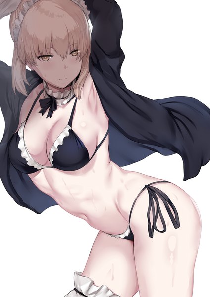 Anime picture 2893x4092 with fate (series) fate/grand order artoria pendragon (all) artoria pendragon (alter swimsuit rider) (fate) hews single tall image looking at viewer blush fringe highres short hair breasts light erotic simple background blonde hair hair between eyes standing white background yellow eyes