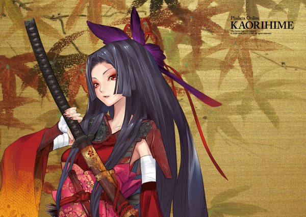 Anime picture 1600x1138 with redjuice long hair black hair red eyes sword katana
