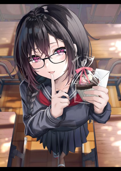 Anime picture 2508x3541 with original fou (ssqseeker) single long hair tall image fringe highres black hair hair between eyes purple eyes full body braid (braids) pleated skirt from above twin braids finger to mouth letterboxed valentine classroom girl