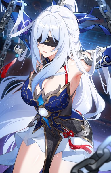 Anime picture 3195x4970 with honkai: star rail honkai (series) jingliu (honkai: star rail) wu ganlan cai single long hair tall image fringe highres breasts light erotic large breasts standing absurdres cleavage white hair ponytail parted lips sweat leaning