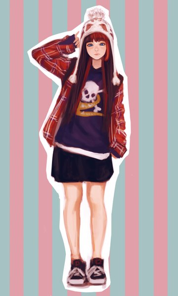 Anime picture 1903x3173 with original jungon single long hair tall image looking at viewer fringe highres blue eyes brown hair standing full body blunt bangs open shirt expressionless plaid striped background skull print girl shirt