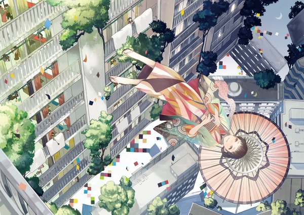 Anime picture 1500x1061 with original sime (echo) single brown hair brown eyes japanese clothes city soles cityscape crescent falling surreal girl plant (plants) tree (trees) umbrella sandals confetti