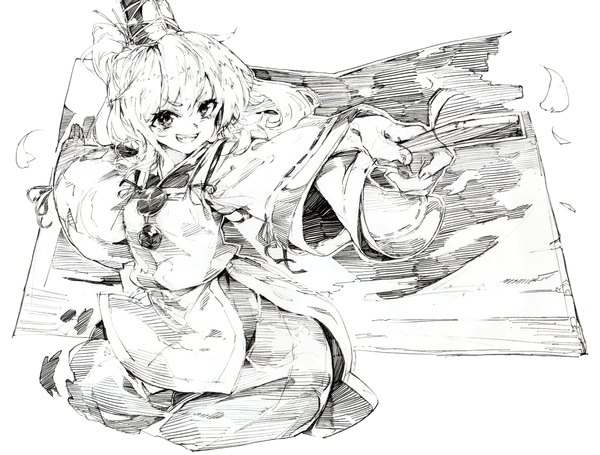 Anime picture 2177x1654 with touhou mononobe no futo oshake single highres short hair open mouth white background ponytail traditional clothes japanese clothes teeth monochrome clenched teeth sketch girl ribbon (ribbons) hat wand