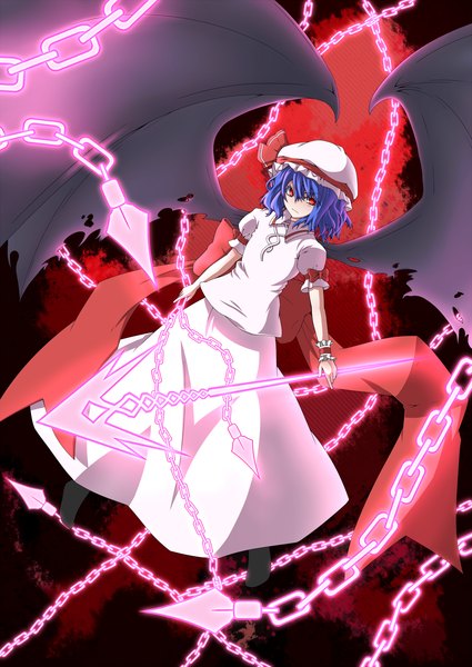 Anime picture 1146x1618 with touhou remilia scarlet doseisan (dosei-san) single tall image short hair red eyes blue hair torn wings girl dress skirt weapon hat wings chain skirt set spear the gungnir